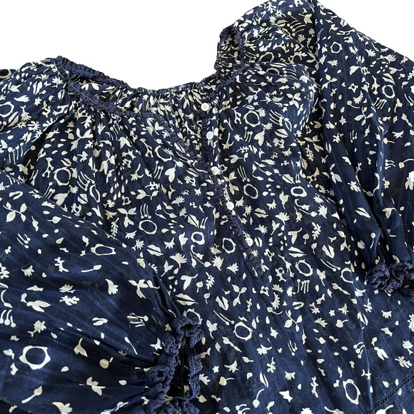 The GREAT. Perch Cotton Peasant Prairie Blouse Navy Cream Balloon Sleeve Boho - Picture 4 of 11